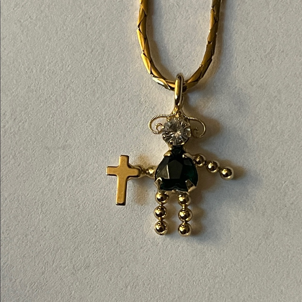 May Birthstone Girl Pendant w/ Emerald dress; goldtone necklace
